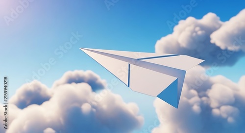 Paper airplane soars through fluffy white clouds under clear blue sky.