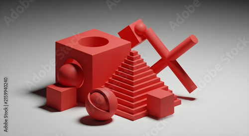 Minimalist 3D Red Geometric Shapes Composition Featuring Primitives Like Cubes Spheres and a Pyramid on a Neutral Studio Background