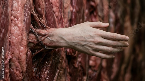 Human hand emerging from biological tissue concept with muscular fibers representing medical transformation and anatomical research, for scientific study and health analysis