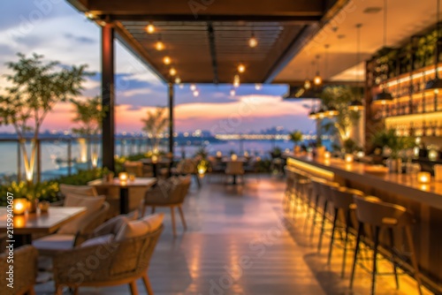 defocused rooftop lounge terrace at sunset, ambient string lighting, wooden furniture, urban skyline background.