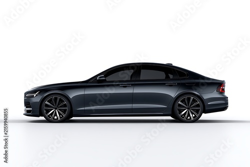 Modern luxury sedan car, side view, isolated on white background