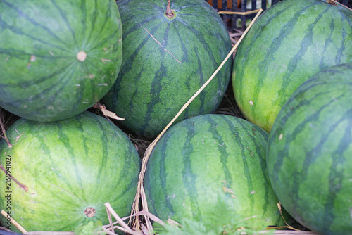 Принти на полотні High angle of several fresh, whole green striped watermelons resting on straw bedding in a crate