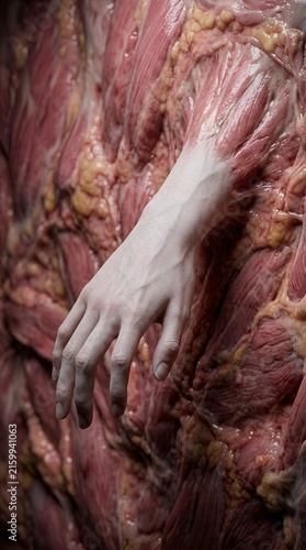 Human hand emerging from biological tissue concept with muscular fibers representing medical research and anatomical structure, for scientific study and clinical analysis