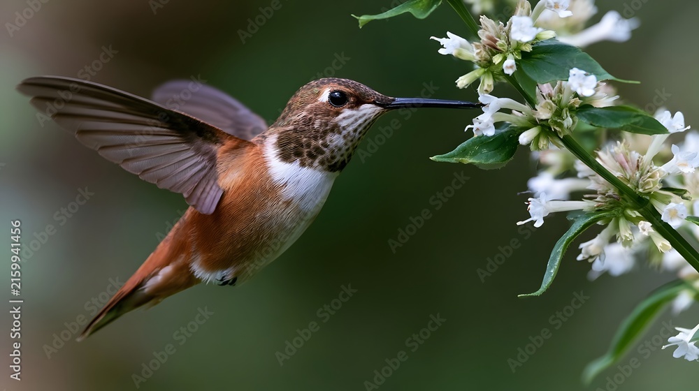 Naklejka premium A hummingbird hovers near white flowers its wings blurred by motion as it feeds on nectar from a cluster of blossoms