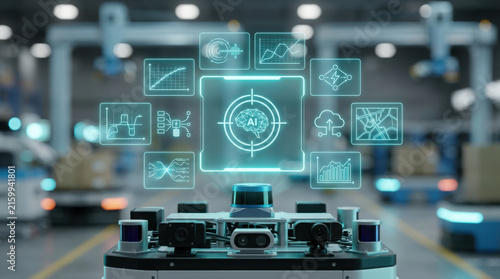 Close-up high-angle view of an automated guided vehicle sensor array with a futuristic holographic AI data interface in a modern industrial warehouse setting