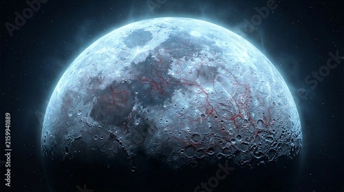 Surreal biological planet moon concept with intricate red vascular network and glowing texture floating in dark space, for fantasy art and cosmic design