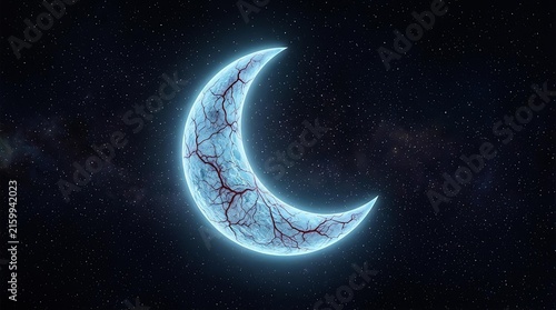 Surreal biological crescent moon concept with intricate red vascular network and glowing texture floating in dark space, for fantasy art and cosmic design