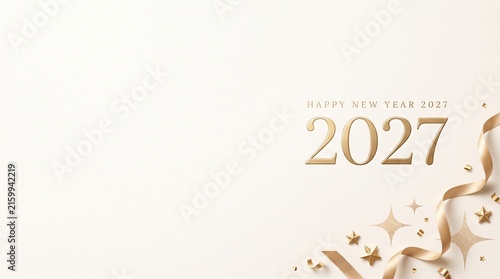 Elegant Happy New Year 2027 greeting card with gold typography and festive ribbon decor.