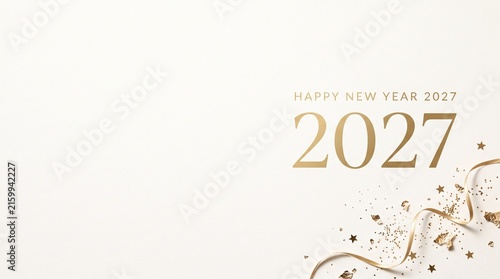 Happy New Year 2027 gold text greeting card design with festive confetti on white background