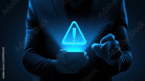 Corporate manager holds cellphone projecting glowing neon caution triangle mark icon above mobile screen. Symbolize software glitch risk, digital financial fraud threat or database cyberattack warning