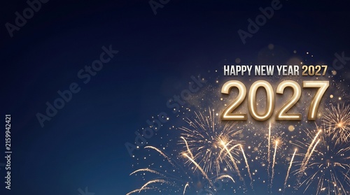 Happy New Year 2027 greeting card with golden fireworks on a dark blue background.