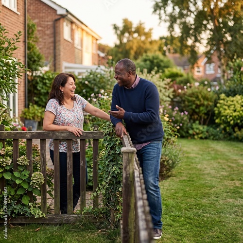 A happy elderly couple enjoys a pleasant conversation while leaning on a wooden fence in their garden. They are surrounded by lush greenery and a suburban neighborhood in the background.