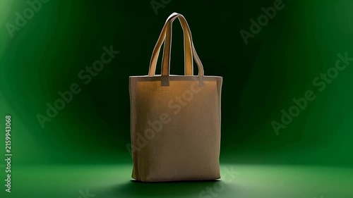Eco-friendly canvas tote bags in beige and green rotating against a dark green background.