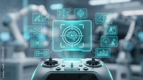 Futuristic remote controller projecting a complex holographic AI interface with data icons and a robotic brain, set against a blurred industrial automation background