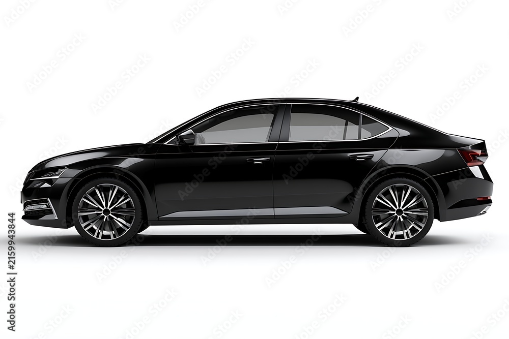 Naklejka premium Sleek black sedan car isolated on white background