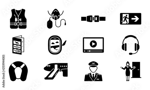 Airplane Safety and Travel Icons: Life Vest, Oxygen Mask, Seatbelt, Exit Sign, Brochure, Window View, Video Player, Headphones, Neck Pillow, Aircraft, Pilot, Flight Attendant