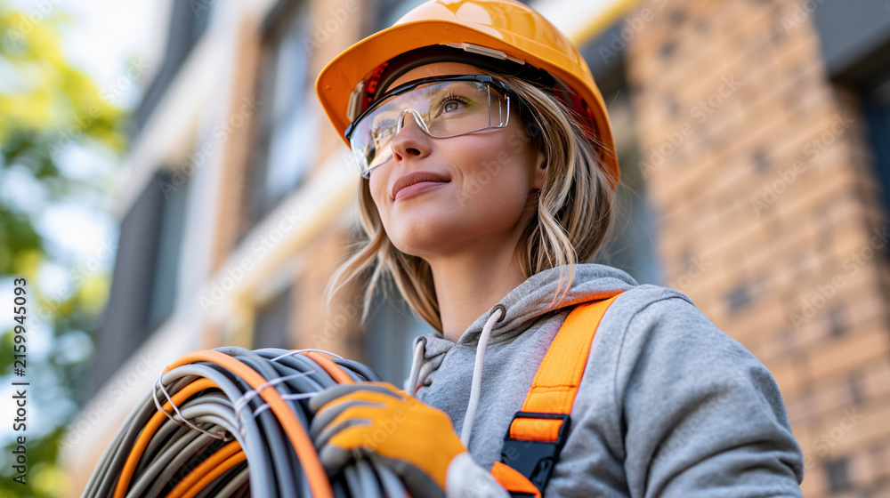 Fototapeta premium Female electrician holding a coil of electrical cables while wearing safety glasses and protective helmet, electrical installation, construction technician, wiring maintenance,
