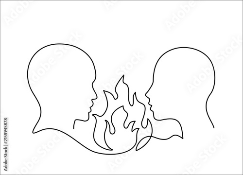 Single continuous line art of male and female profiles facing each other with flame between them, passion and connection concept, hand drawn illustration