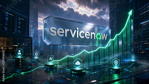 ServiceNow logo with rising stock chart in modern city

