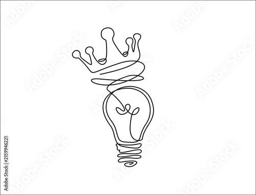 Single continuous line art of a light bulb with a crown above it, brilliant idea and greatness concept, hand drawn illustration
