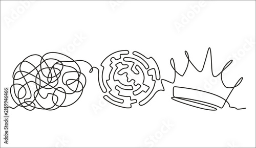 Single continuous line art of tangled thread turning into labyrinth and then into crown, from chaos to greatness concept, hand drawn illustration