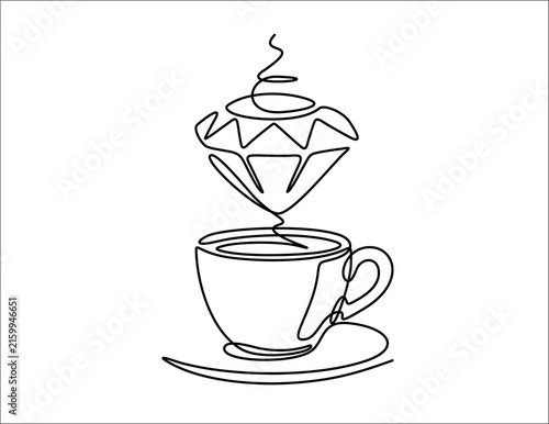 Single continuous line art of a coffee or tea cup with a diamond above it, precious morning ritual concept, hand drawn illustration