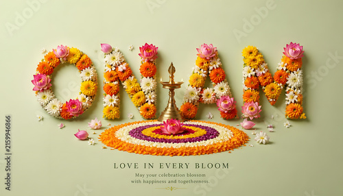 Onam celebration with wide floral ONAM typography, Pookalam, lotus flowers and elegant pale green festive composition illustration background design
