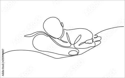 Single continuous line art of a hand holding a sleeping baby in palm with IVF symbol, fertility and new life concept, hand drawn illustration
