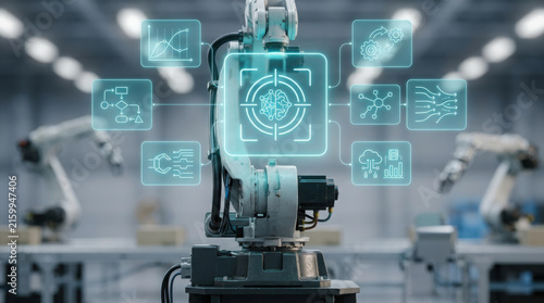 Low angle photo of a futuristic AI-powered robotic arm in a logistics hub featuring a complex holographic digital interface with data and analytics panels