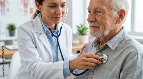 Doctor with stethoscope examining elderly man's chest in clinic