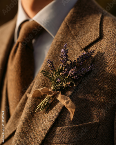 Groom's boutonniere detail on textured wool suit.