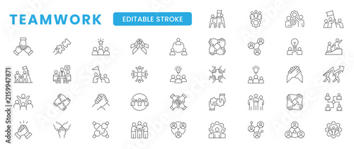 Teamwork and community line icons set for unity collaboration and partnerships. Editable stroke