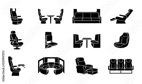 Diverse Seating Collection Vector Icons: Airplane, Cinema, Office Chairs, Sofas, and Loungers for Interior Design and Travel Concepts