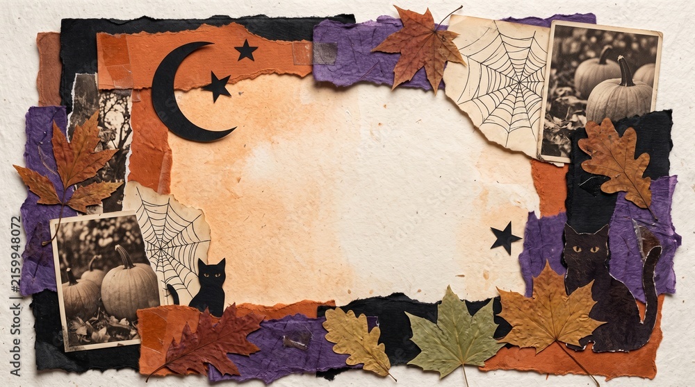 Naklejka premium Vintage Halloween scrapbook frame with autumn leaves, black cats, crescent moon, spiderwebs and pumpkin photographs surrounding textured blank copy space