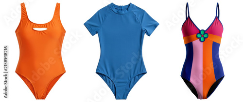 Konstfotografi Three one-piece swimsuits in different colors and styles, isolated on a white ba