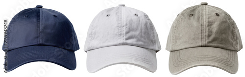 Bild auf Leinwand Three baseball caps in navy blue, white, and beige, isolated on a white backgrou
