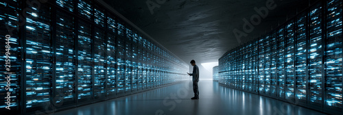 Silhouette of a person standing in a futuristic data center filled with glowing servers.