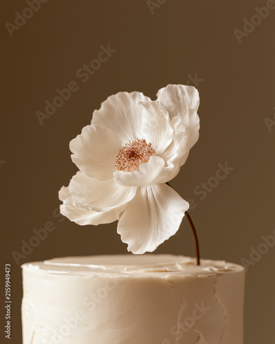 Elegant wedding cake with floral decoration on top.