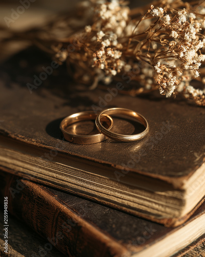 Close-up wedding rings on vintage leather book.