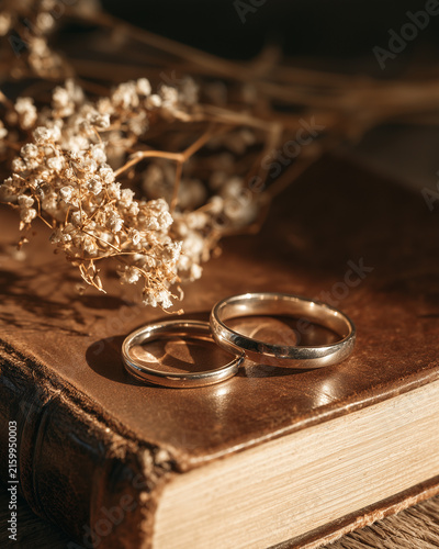 Close-up of wedding rings on vintage leather book.