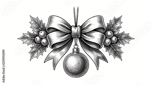 Ornate holiday bow holly berries vintage engraving design high resolution picture