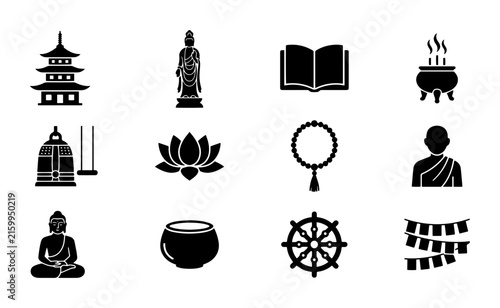 Bild auf Leinwand Buddhist Icons Collection, Sacred Symbols Set, Meditation and Spirituality Vecto
