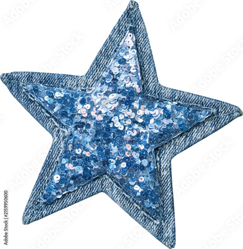 Blue sequin star patch embroidered on denim fabric, creating a sparkly decorative element for fashion, craft, and diy projects, isolated with transparent background