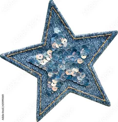 Denim star patch shimmering with blue sequins, an embroidered textile applique creating a sparkling and stylish fashion accessory, isolated with a transparent background