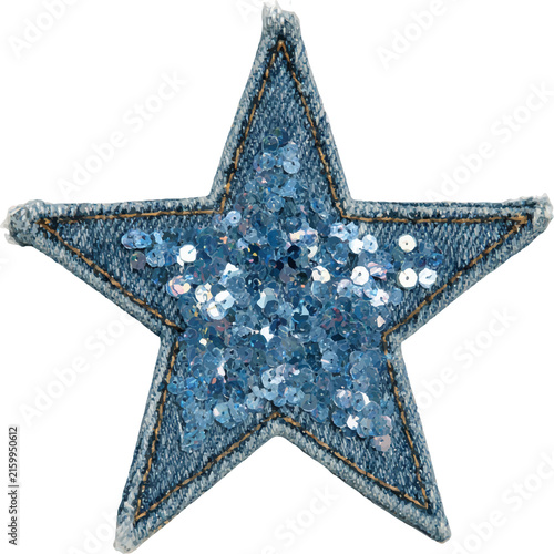 Denim star embroidered patch featuring sparkling blue sequins, a fashionable applique creating a vibrant, decorative element for clothing and accessories with transparent background