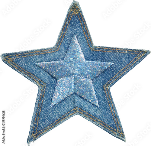 Blue denim star embroidered patch with light blue glittering thread for fashion, decoration, craft, and textile design, transparent background for easy integration