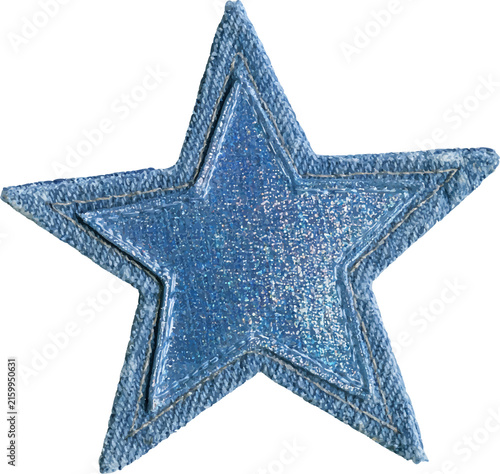 Blue glitter star patch with denim fabric border, textile embroidery design, adding sparkle to fashion, accessories, and crafts, transparent background cutout