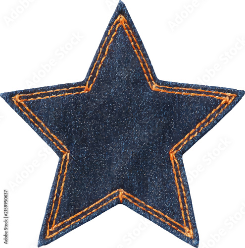 Dark blue denim star patch with orange embroidered stitching, creating a classic textile applique element, isolated with a transparent background