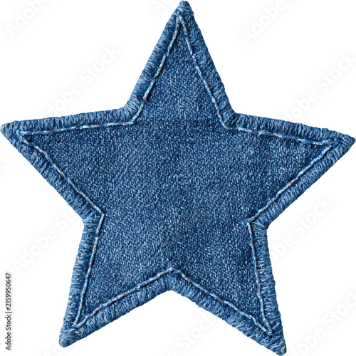Blue denim star patch with embroidered edges, a classic textile applique, symbolizing quality, craftsmanship, fashion, and casual style, isolated on a transparent background