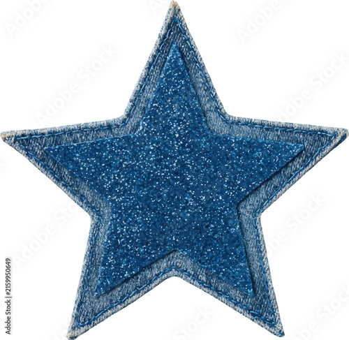 Blue glitter star patch with a denim outline, featuring visible stitching and an embroidered edge, presenting a sparkling and textured design element on a transparent background
